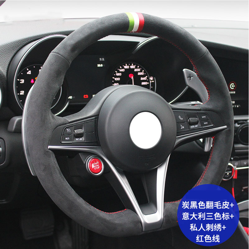 

DIY Hand-stitched Genuine Faux Turn Fur Car Steering Wheel Cover for Alfa Romeo Giulia Stelvio 15inch 38cm High Quality black