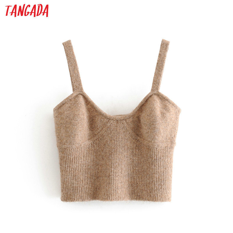 

Tangada Women knitted Tops Sexy V-neck Tanks Strethy Backless Camisole Short Tops 2020 Camis 3H57 Y200701, Khaki
