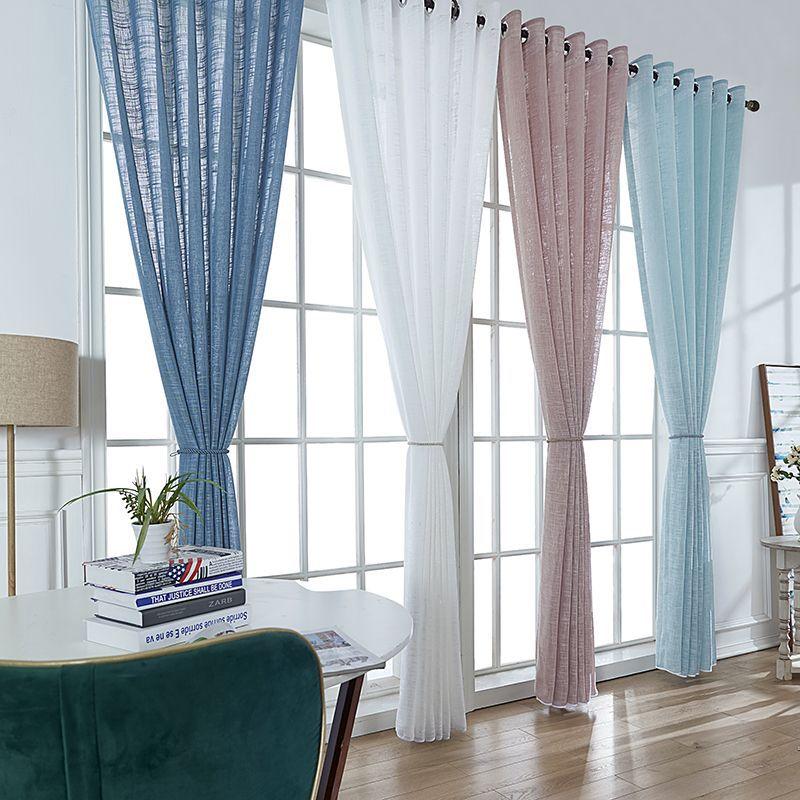 

New design solid door curtain linen tulle curtains drape sheer window curtain for living room, Blue 70