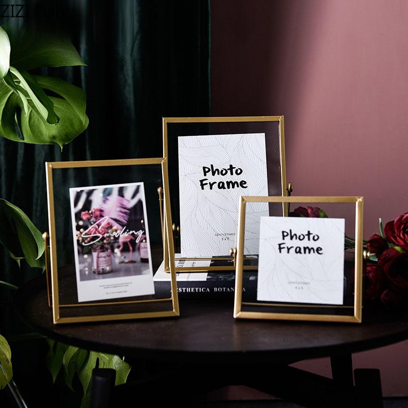 

4/6/7 Inch Golden Metal Family Photo Frame Ornaments Square Glass Picture Frames Nightstand Desktop Decor Nordic Home Decoration
