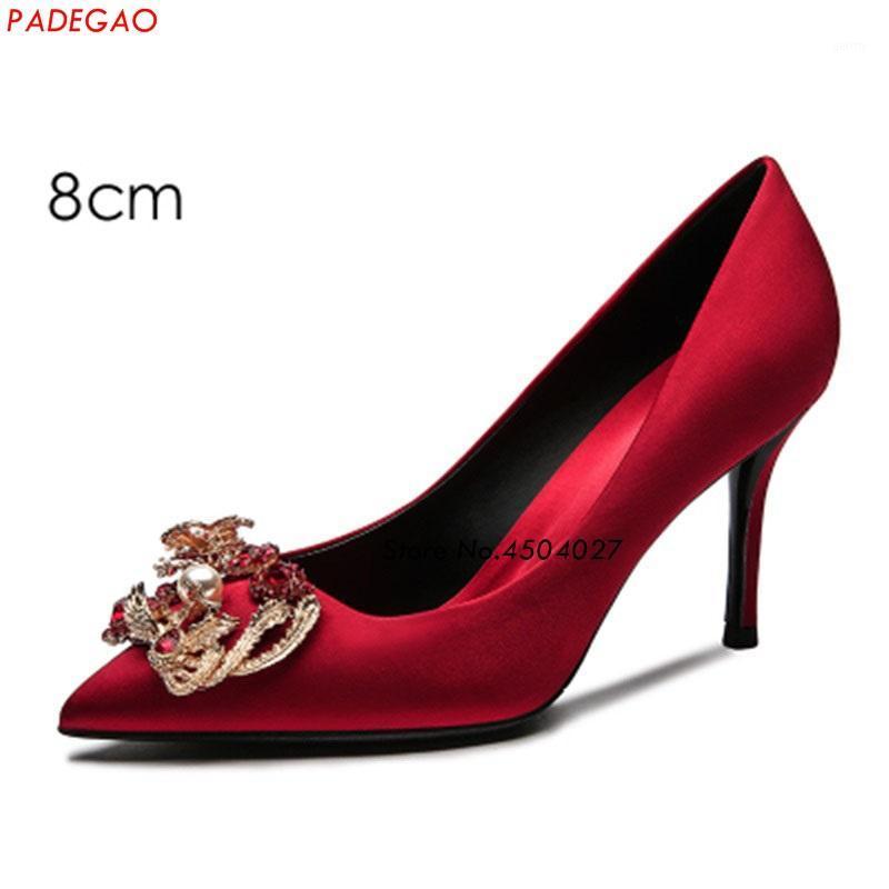 

Sexy Pearl Crystal High Heels Pointed toe Pumps Women Red Satin Party Shoes Stiletto High heel Pump 35-401, 8 cm