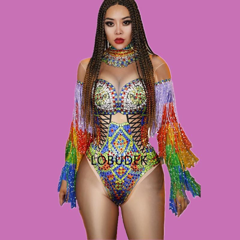 

Multi-color Tassel Glisten Crystals Bodysuit Fringe Sleeve Rhinestones Tights Stage Wear Bar DJ Sexy Singer Dancer Dance Costume, Picture color