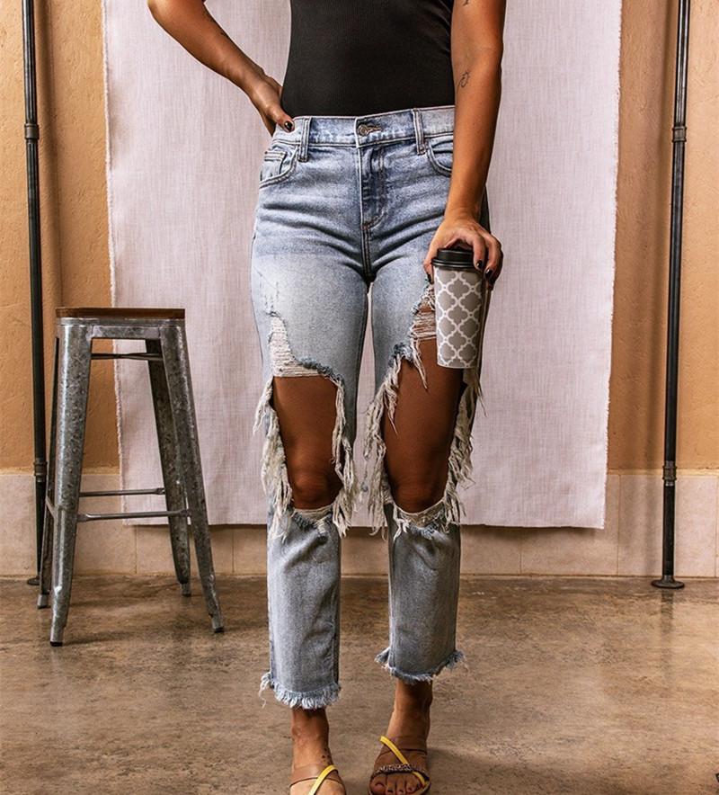 

New Hole Slimming Women' Ripped Jeans Straight Leg Women Pants Autumn Streetwear Fashion Sexy High Waist Women' Cropped Jeans, Light blue