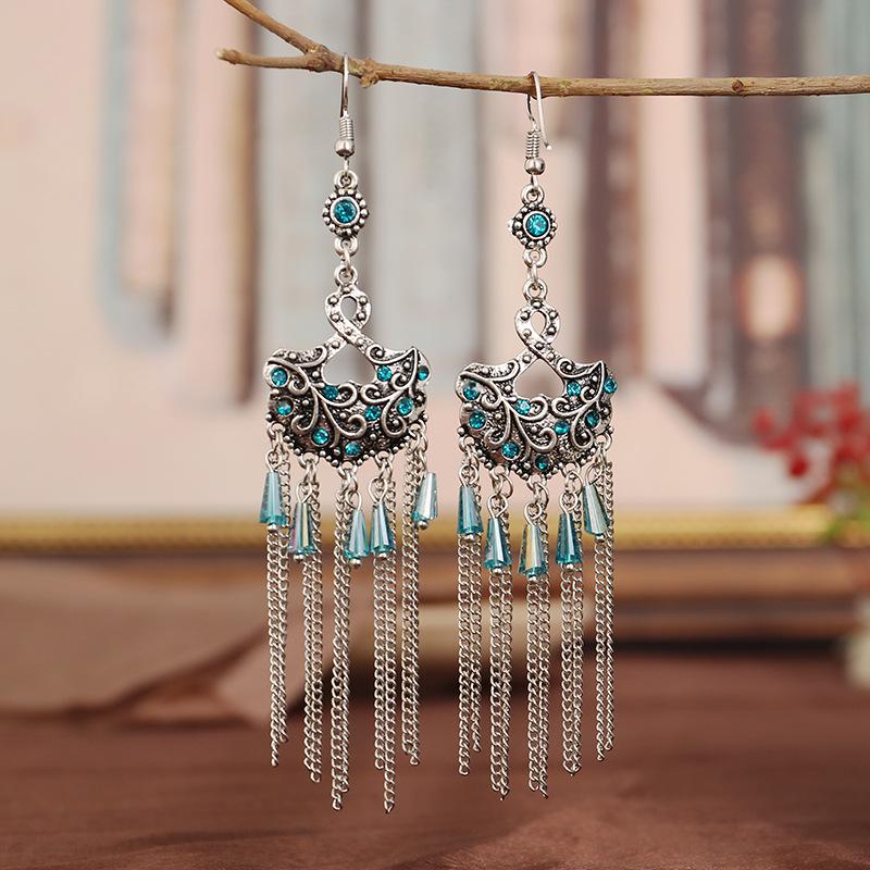

Crystal Bead Chains Tassel Long Earrings For Women Bohemian Vintage Antique Silver Color Alloy Carved Rhinestones Drop Earrings