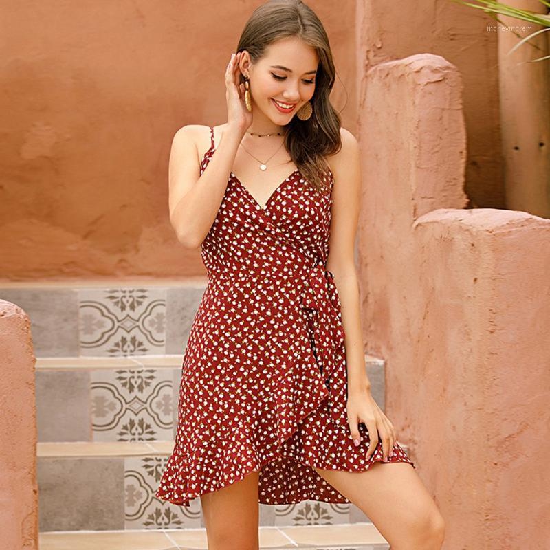 

Sexy Irregular Ruffled Off Shoulder Summer Dress V Neck Small Floral Lace Strap Dress Woman Bandage Holiday Beach vestidos1, Red