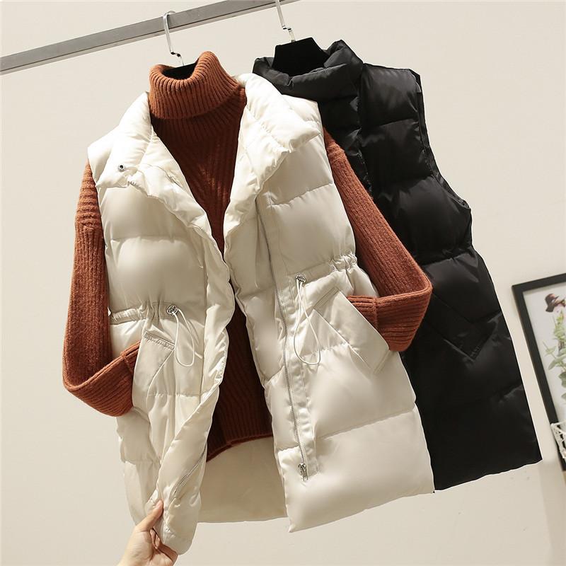 

winter Women Medium Length Vest Jacket Solid Loose Vest Drawstring Stand Collar Jacket Cotton Padded Women Windproof Warm, Beige