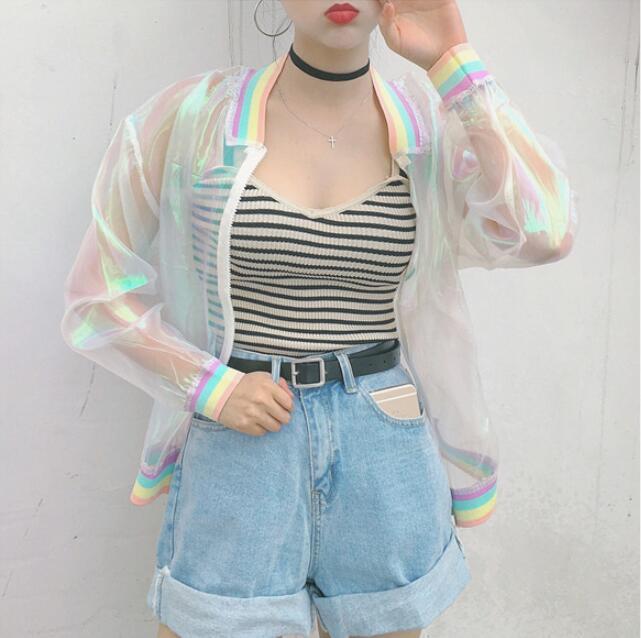 

Summer Harajuku Women Jacket Laser Rainbow collar Women Coat, As pic