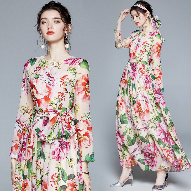 

New Arrival Spring Summer Fall Runway Floral Print Crew Neck Bow Scarf Long Sleeve Empire Waist Women Ladies Casual Party Beach Maxi Dress, Black;gray