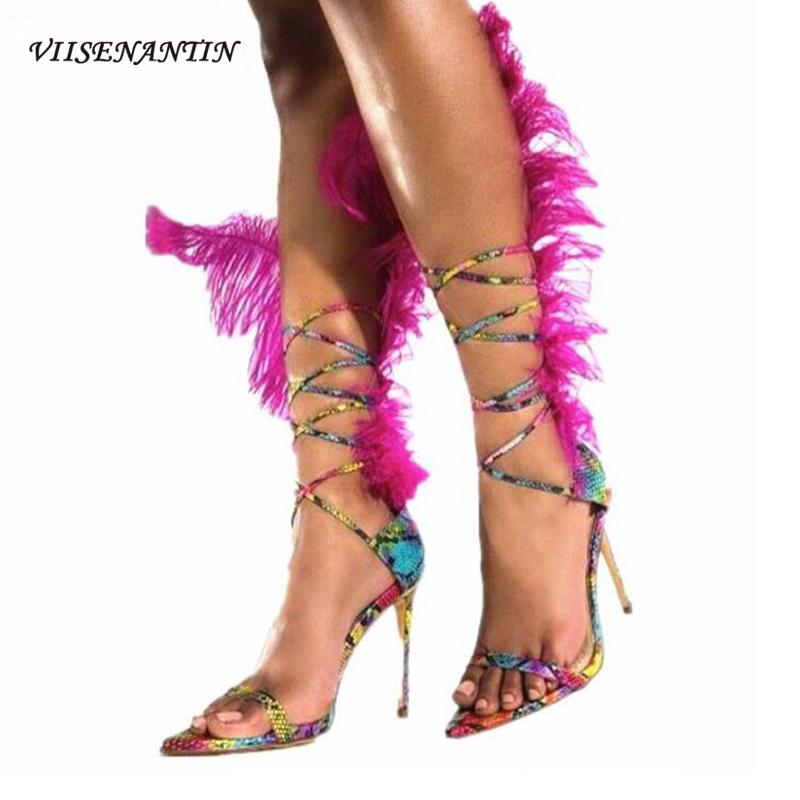

VIISENANTIN Hot Pink Feather Lady Sexy Sandal Shoe Ankle Strappy Snake Skin Leather Pointed Toe Sandalia Feminina Runway Shoe, Red