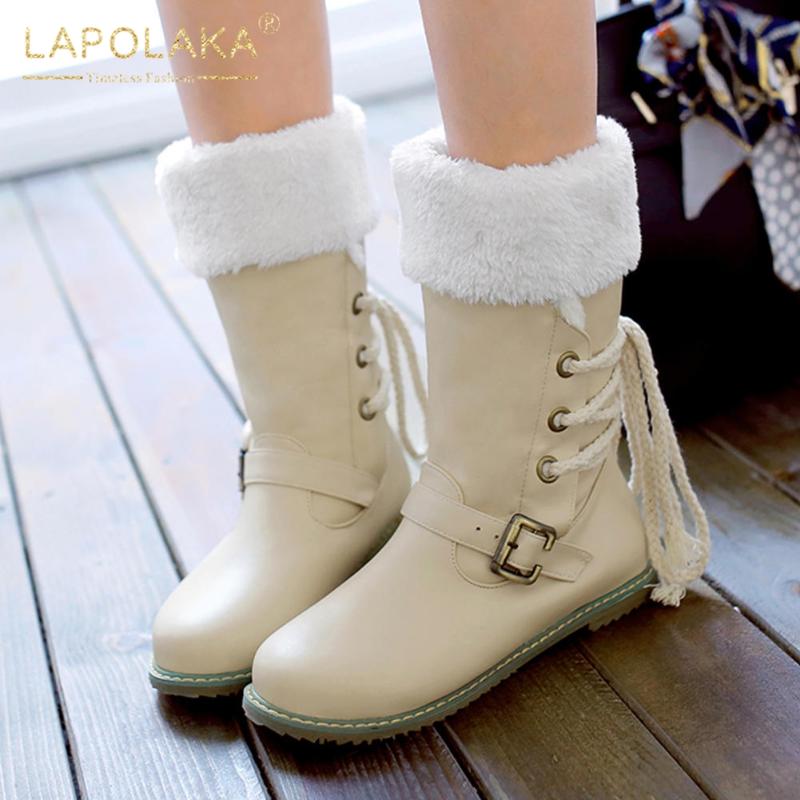 

Lapolaka 2021 New Design British Style Concise Warm Winter Boots Women Shoes Buckle INS Plush Comfy Snow Mid Calf Boot Ladies, Beige
