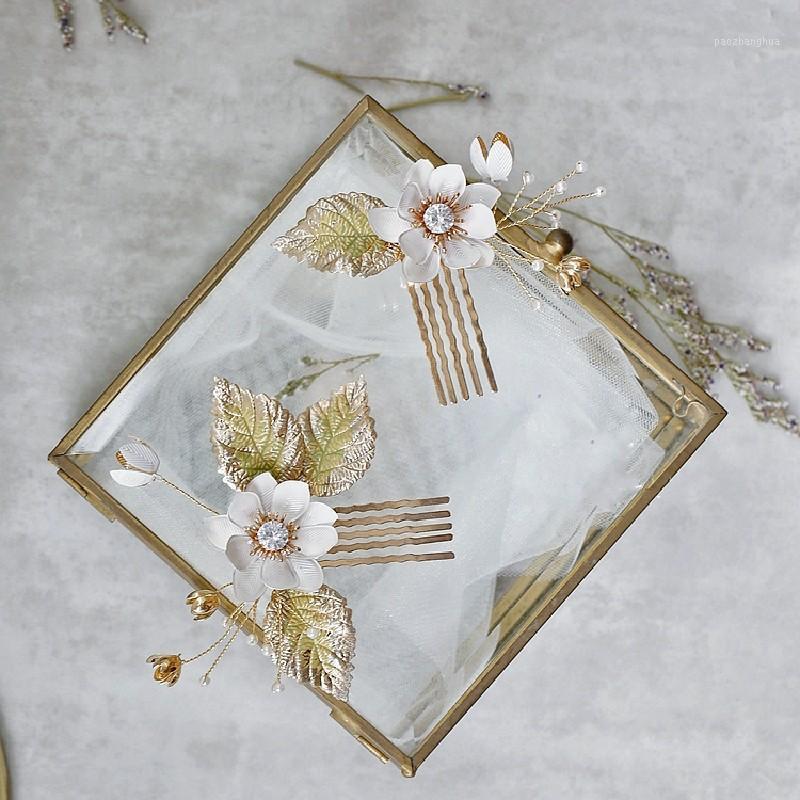 

Simple White Floral Bridal Hair Combs Pins Green Leaf Girls Headpiece Handmade Wedding Accessories Hairpin Clips & Barrettes, Golden;silver