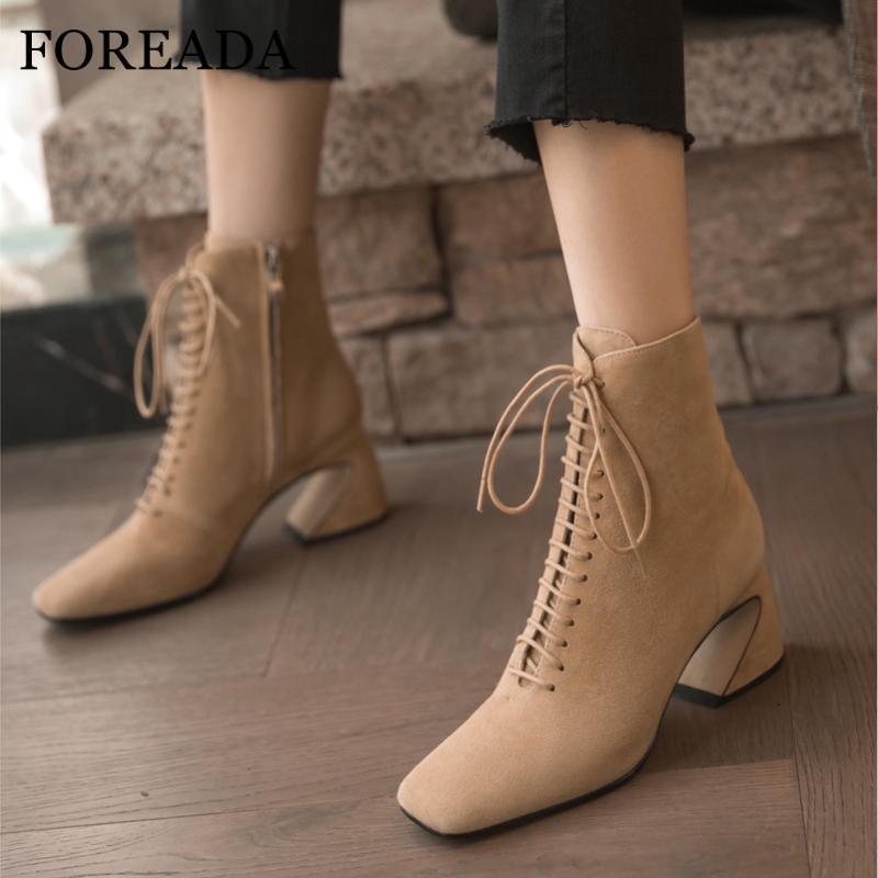 

FOREADA High Heel Woman Boots Real Leather Square Toe Ankle Boots Lace Up Strange Style Heel Short Zip Ladies Shoes 33-40, Black cow pigskin