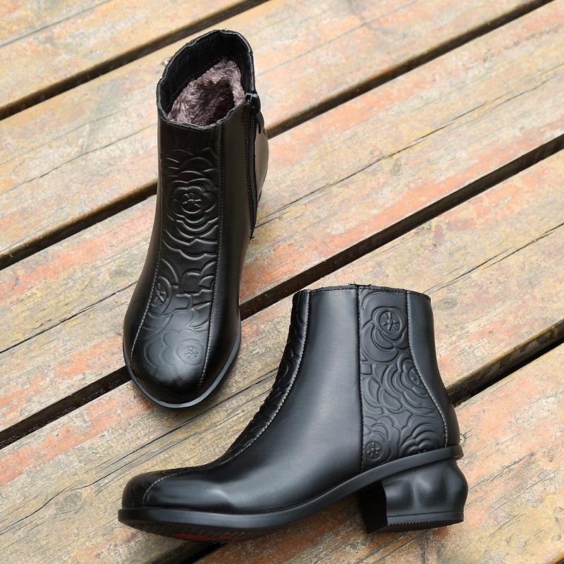 

Genuine Leather Winter Boots Women Warm Shoes Women High Heels Boots Cow Leather Mother Shoes Square Heel 5cm A1986, Black