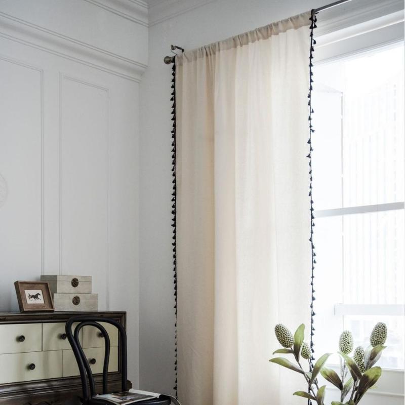 

American style Beige Cotton and Linen Living Room Curtain with Black Tassel Room Divider, White