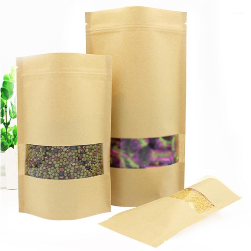 

60pcs/set Brown Stand Up Kraft Paper Bag Reusable Sealing with Transparent Window Nuts BiscuitsWedding Packaging Bag1