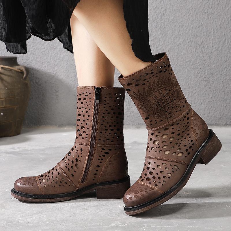 

Women Mid-calf Boots Handmade Natural Leather Fish Design Lady Summer Boots Hollow Out Cool Breathable Female Fashion Shoes, Coffee