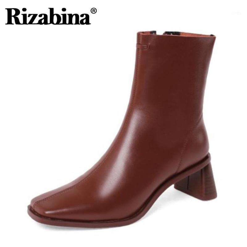 

Rizabina Real Leather Women Ankle Boots Thick Heel Square Toe Side Zipper Shoes Winter Warm Boots Party Footwear Size 34-401, Black