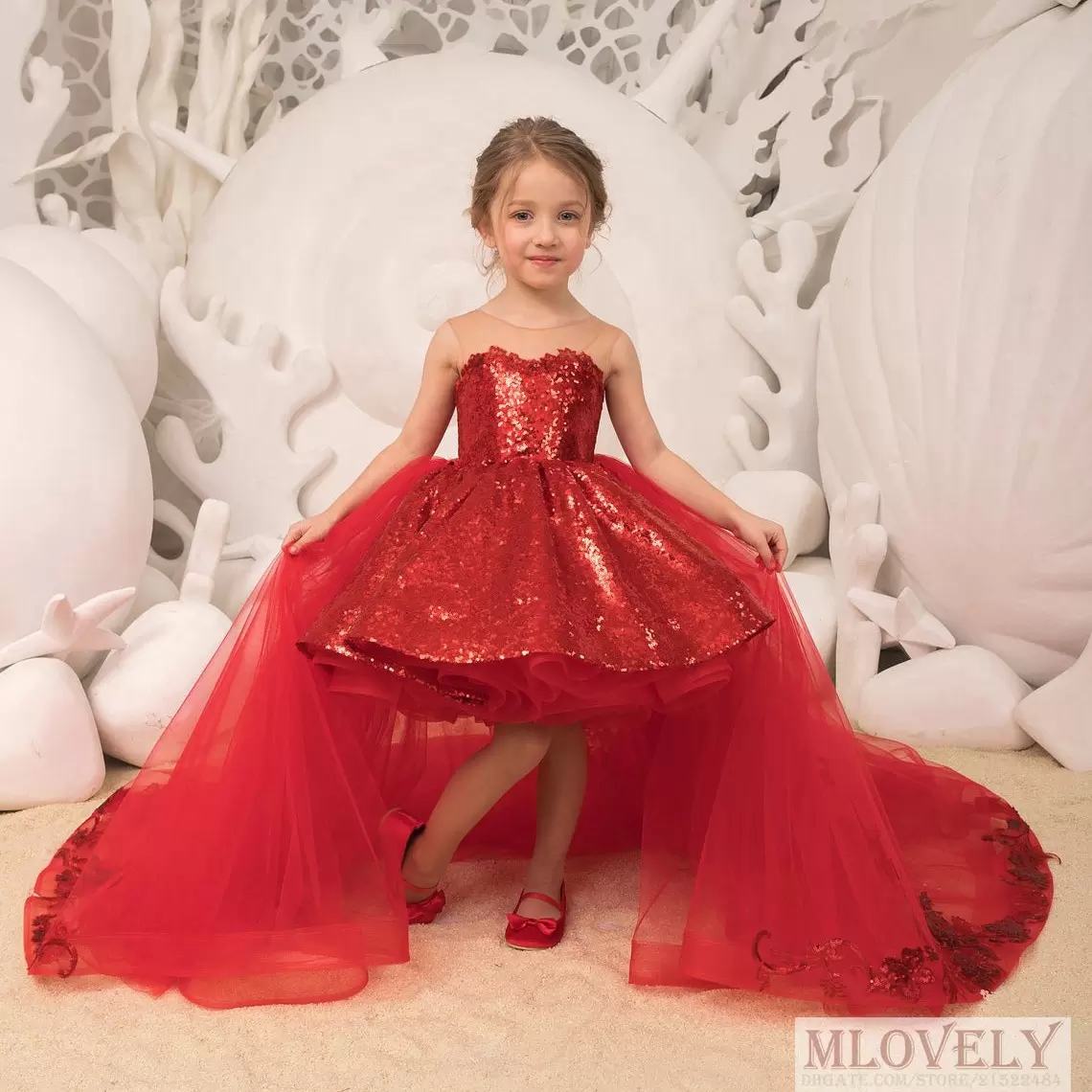 Robes de concours à paillettes scintillantes pour filles, en Tulle amovible, avec traîne Hi Lo, robe de fête d'anniversaire de noël pour enfants,