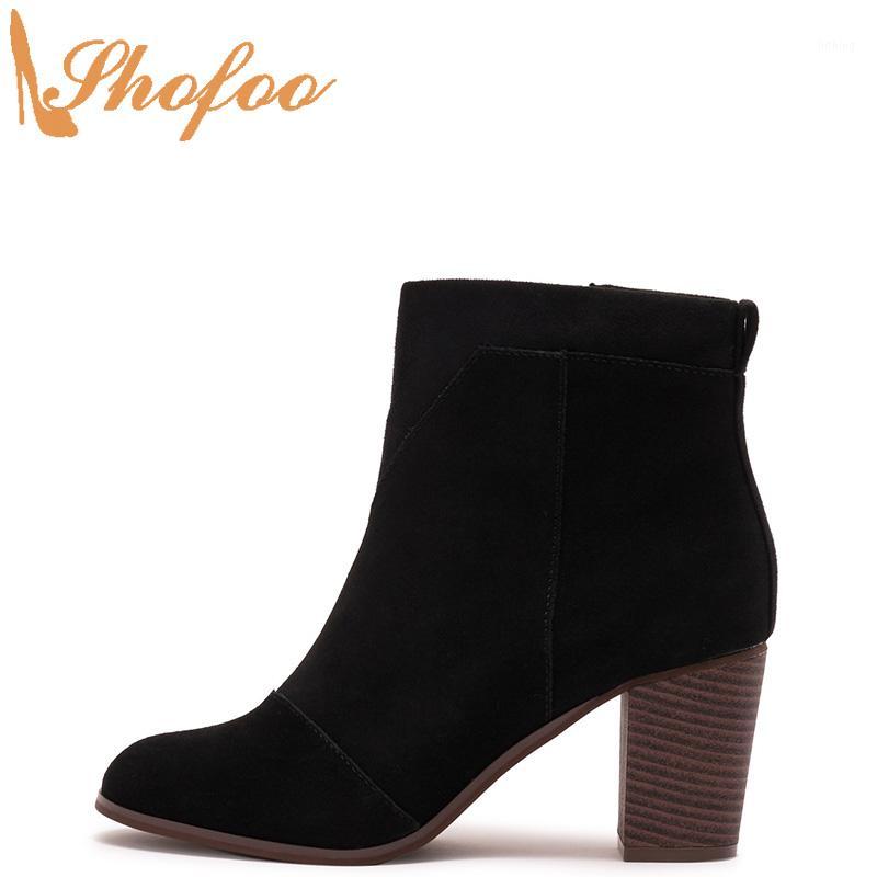 

Black Woman Ankle Boots High Chunky Heels Round Toe Booties Zipper Large Size 14 16 Ladies Winter Fashion Mature Shoes Shofoo1, Black booties