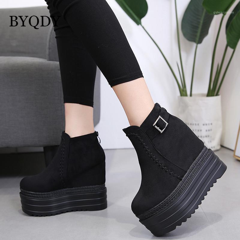 

BYQDY High Platform Woman Boots 12.5cm Ultra High Heels Boots Winter Shoes For Woman Sewing Metal Buckle Round Toe Wedges1, Black shoes