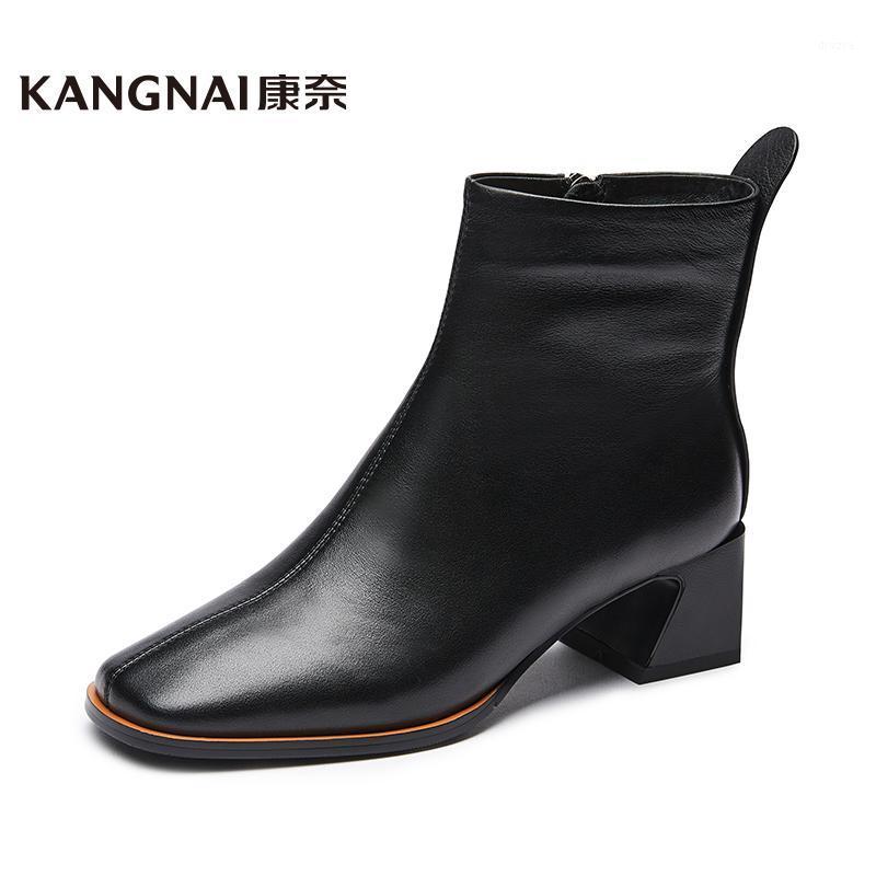 

KANGNAI Women Shoes Ankle Boots Platform Genuine Leather Med Heels Zip Winter Black Fashion Square Toe Lady Boots 20201