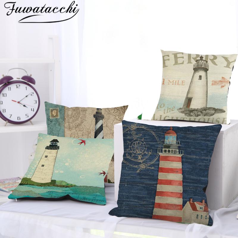 

Fuwatacchi INS Linen Cushion Cover Seaside Lighthouse Printed Throw Pillow Cover for Home Sofa Decorative Pillowcases 45x45cm, Hgsfz0035jj00