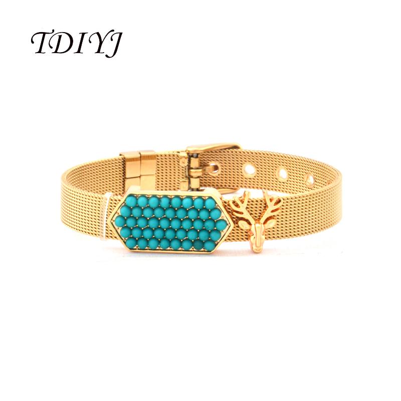 

TDIYJ KEEPER Bracelet Set Gold Stainless Steel Mesh Bracelet with Geo Bar Deer Keeper Slide Charms as Women Gifts 1Set