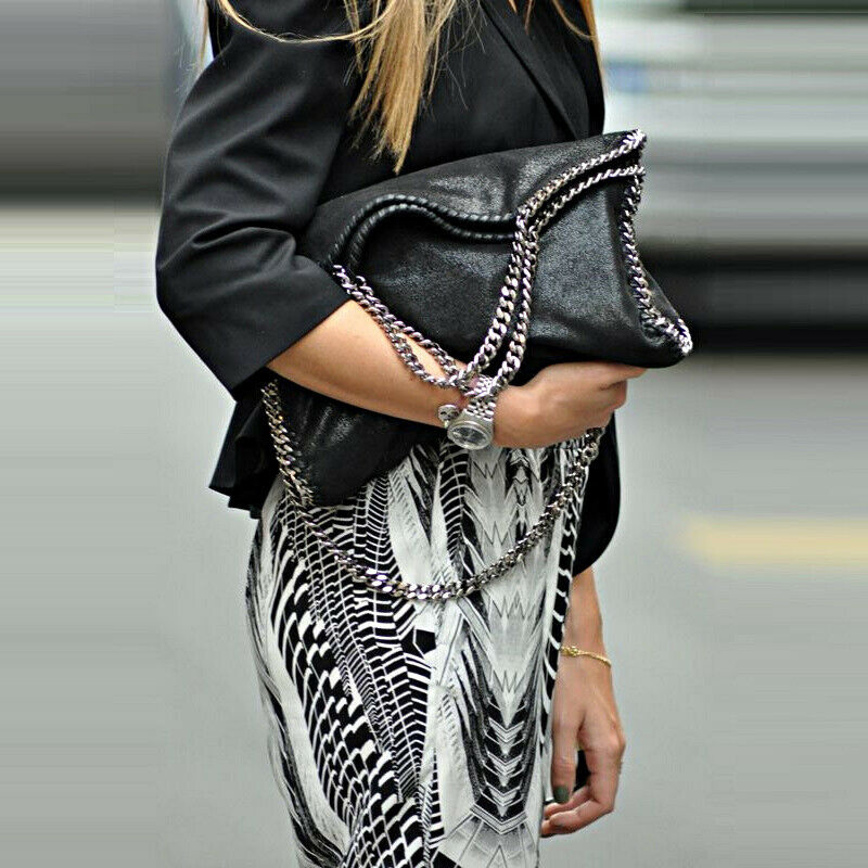 

New fashion Chain Female Bag Solid Color Foldable Tide Shoulder Bag Female Package Pu Matte Leather Bags Womens Luxury Designer Bag Handbags, Black (gold chain)