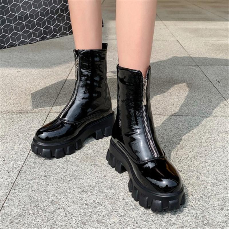 

Chunky Heel Platform Boots Women Patent Leather Front Zip, White autumn