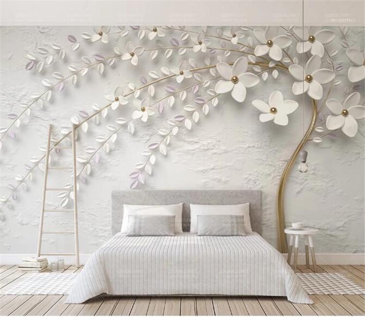 

Custom Mural Wallpaper 3D Stereo Embossed White Flower Branch Photo Wall Paper Living Room Bedroom Home Decor 3D Papel De Parede1, Silk cloth