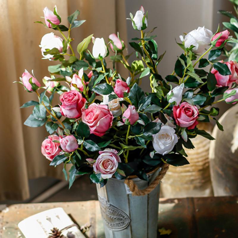 

Retro rose branch with leaves silk+plastic Artificial flowers home hotel garden decor roses DIY flores1, Pink