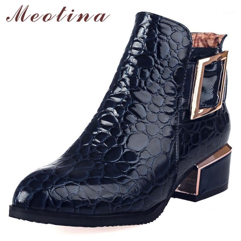 

Meotina Autumn Ankle Boots Women Patent Leather Buckle Square Heel Short Boots Zipper Pointed Toe Shoes Lady Winter Big Size 431, Black