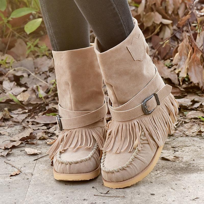 

New women shoes zapatos mujer autumn winter tassel mid calf boots ladies casual flat with platform western boots big size1, Black