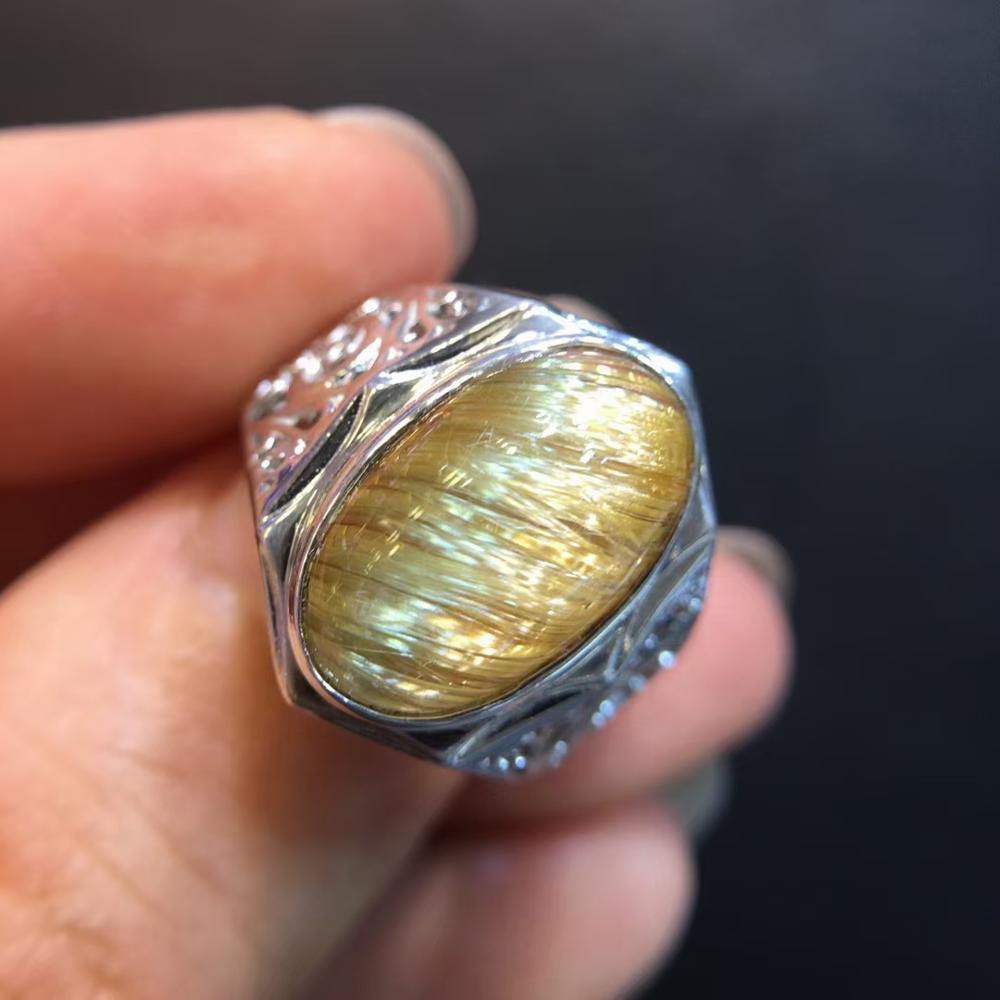 

Gold Rutilated Natural Male Women's Quartz Adjustable Ring 925 Silver 14.6x8.7mm Oval Accounts Aaaaaaa Certificate 91fy