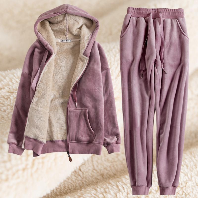 

Winter Thickness Fleece Women Tracksuit Warm Hoodie Jacket Running Jogger Outfit Casual Set Sportswear Tracksuit Sweatshirt+pant1, Purple
