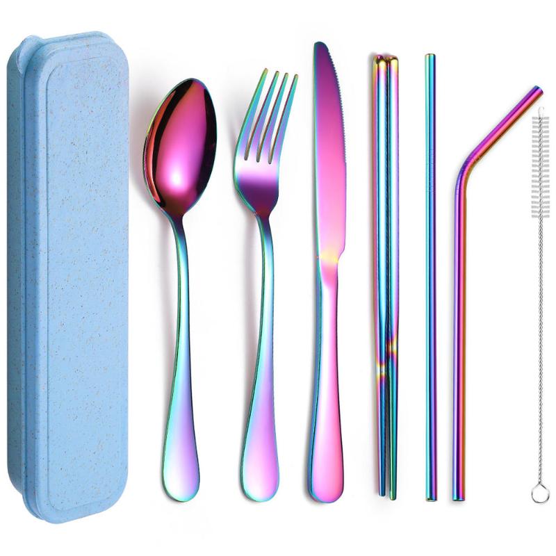 

8Pcs Portable Utensils Travel Camping Cutlery Set Including Knife Fork Spoon Chopsticks Cleaning Brush Straws Portable Case