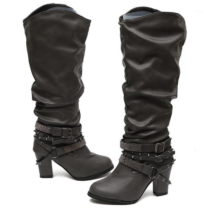 

On Sale Vintage High Heels Slip On Buckles Belt Rivets Women Shoes Western Knee High Boots Big Size 431, Black