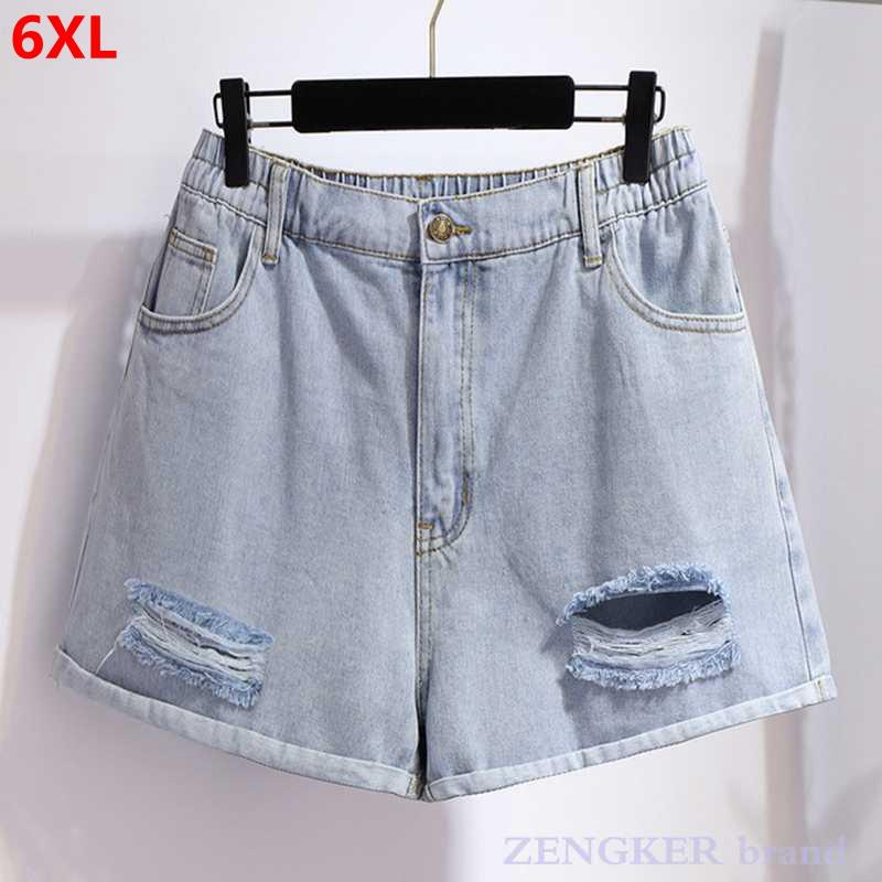 

Large size women's summer new loose outer wear wide legs a word hot pants hole denim shorts women clothing 6XL 5XL, Blue