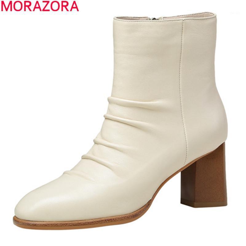 

MORAZORA 2020 High quality women shoes sheepskin ankle boots for woman fashion square toe high heels ladies shoes black beige1