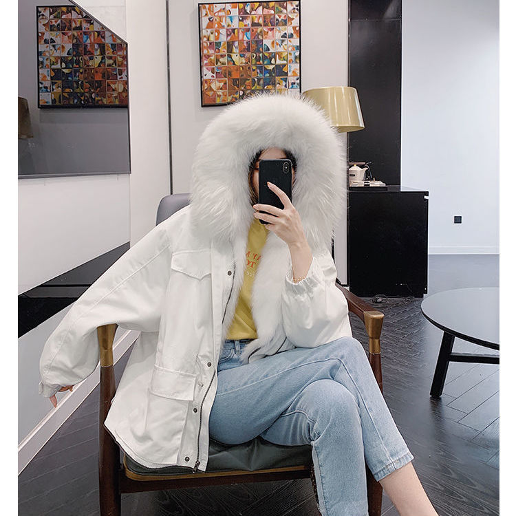 

Beijing Parka Winter Jacket Women Natural Big Raccoon Fur Collar Hood Rabbit Fur Liner Faux Fur Coat Loose Thick Warm New Coats, Black