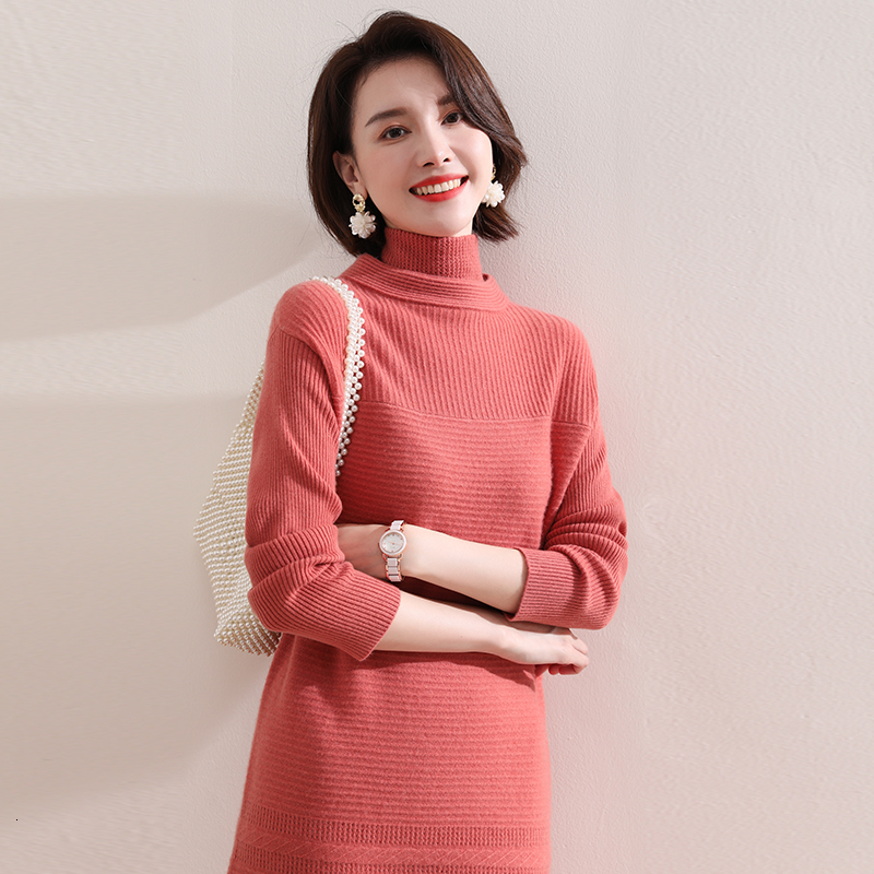 

2021 Positive and Negative Knitting Hot 100% Pure Cashmere Goat Knitted or Crocheted Winter Turtleneck High 4 Colour Dress XWJ3, Orange.