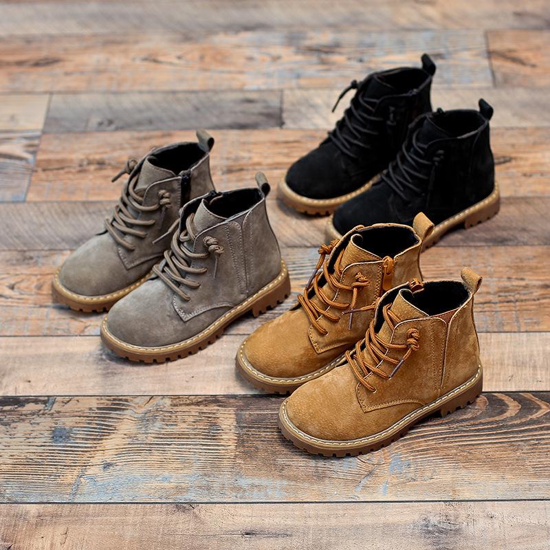 

Winter 2020 new children's boots girl leather boots boy ankle side zipper retro and velvet cotton, Black ordinary