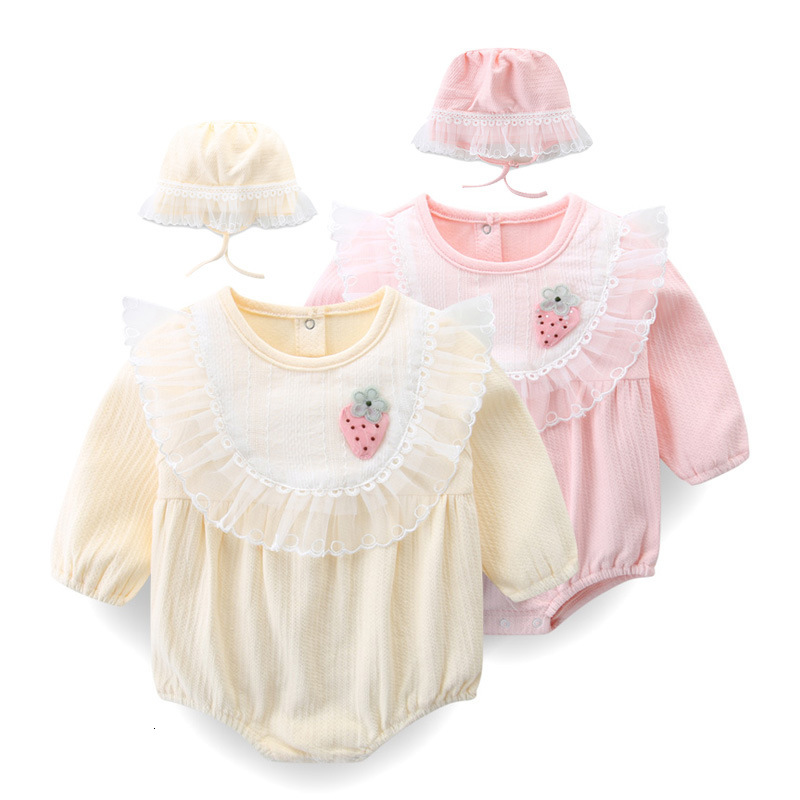 

2021 New Baby Spring Autumn Clothing Newborn Toddler Girl Clothes Lace Long Sleeve Bodysuit Jumpsuit Infant Outfit with Hat 0-2y T1so, Pink