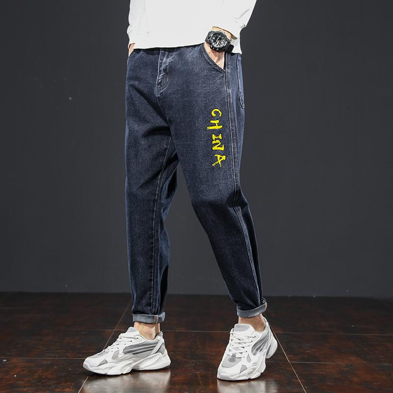 

2020 Fashion Embroidery Men Jeans Pants Loose High Elastic Waist Light Straight Men Jeans Pants, Blue