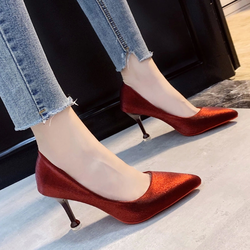 

Plus Size 41 Women Dress Shoes Pearl Light High Heels Pointed Toe Pumps Thick Heeled Boat Shoes Woman zapatos mujer Spring 7967N #8t5U, Red