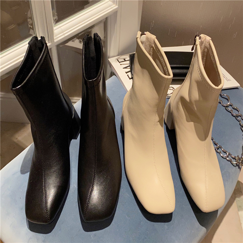 

2021 Luxury Female Winter Bloc High Ankle Beige Heels Leather Boots Cuv0, Black