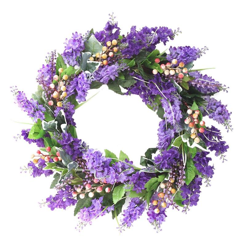 

Lavender Wreath - 20Inch Floral Garland with Berries and Green Leaf Hanger for Front Door Wall Window Wedding Home Decor, Purple