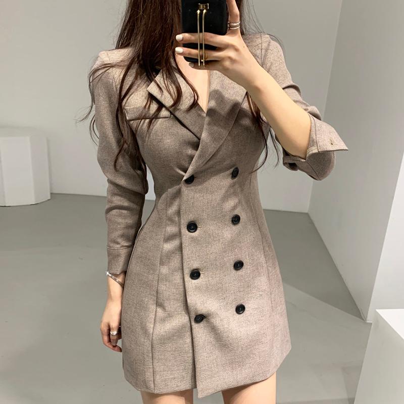 

Casual Dresses Korean Chic Slim High Waist Long Sleeve Notched Double Breasted Dress Women Mini Vestidos De Mujer Retro Suit Street, Black;gray