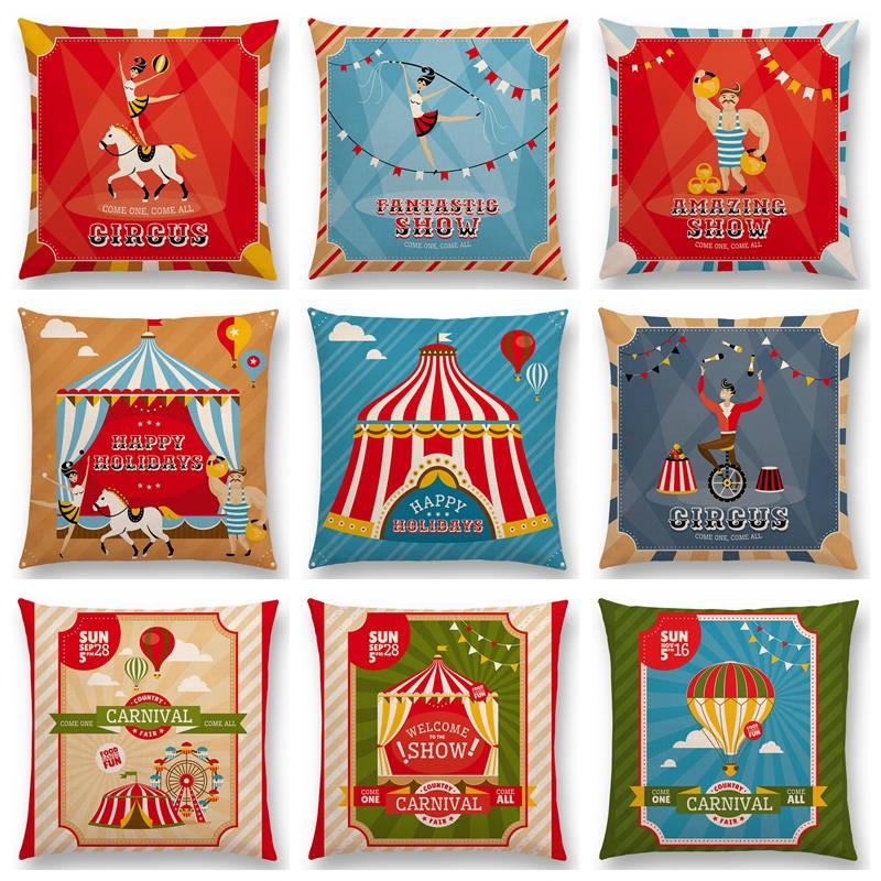 

Happy Circus Show Amusement Park Balloon Horse Tiger Elephant Unicycle Monkey Walrus Cushion Cover Sofa Throw Nice Pillow Case, A047507
