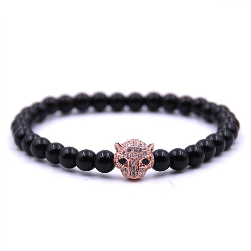 

Cubic Zirconia Leopard Head Bracelet for Woman 6mm Black Round Beads Charms Bracelet